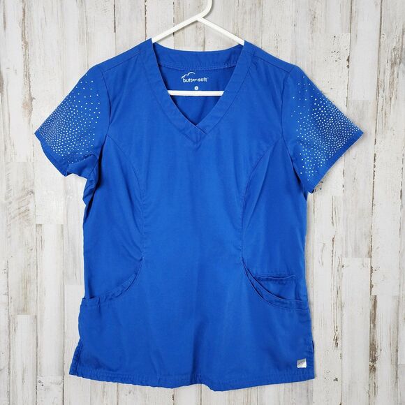 Butter Soft Embellished Scrub Top Blue Size Small - Picture 1 of 10